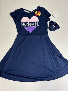 Hurley Navy Dress with Pink & Purple Heart Graphic and Matching Scrunchie